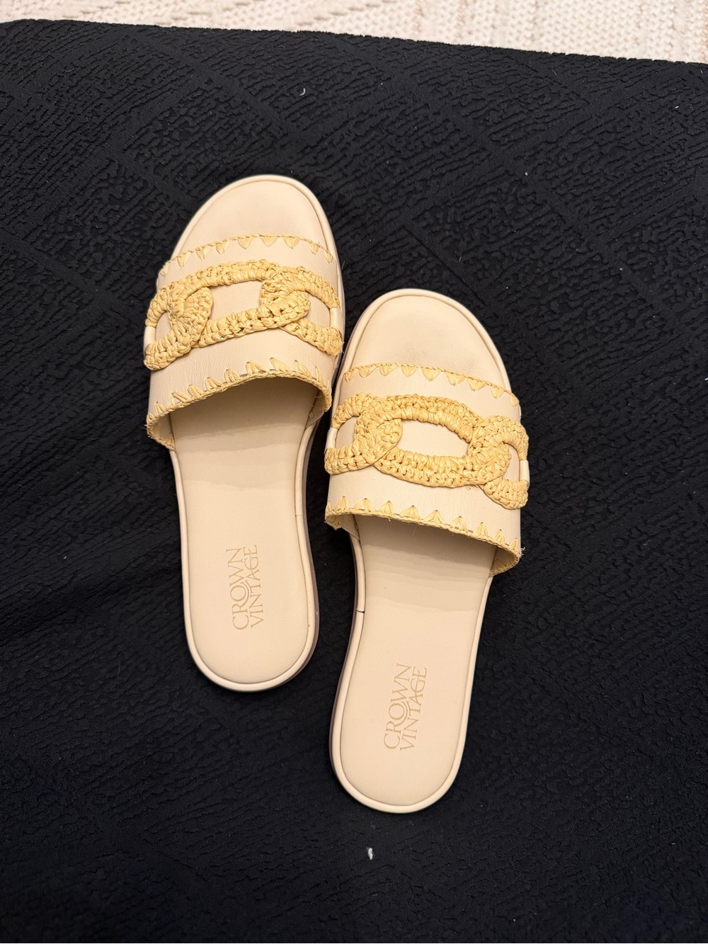 Crown Vintage Cream Slide Sandals with Yellow Braided Accent